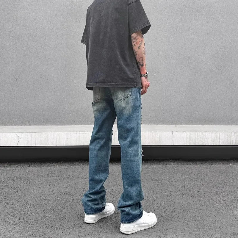 high street distressed black hole washed destroyed jeans casual ripped logging pants straight wide leg denim pants for men unique jeans style 89
