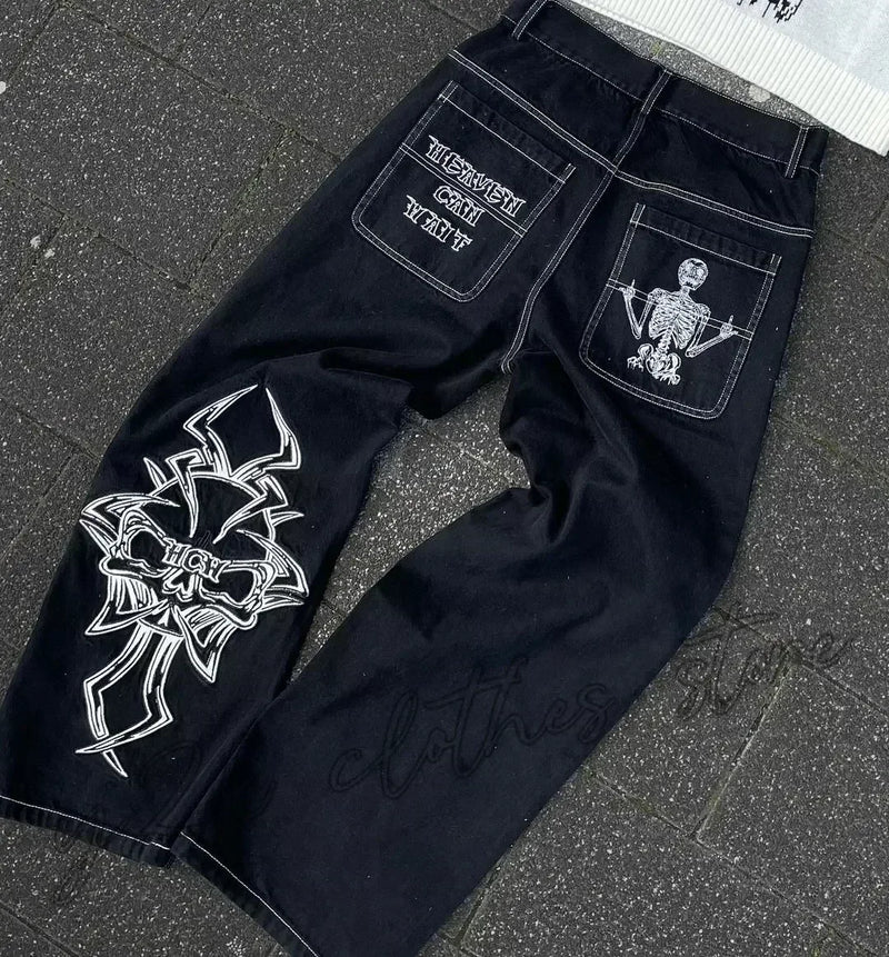 american y2k new fashion pattern embroidered spot straight jeans men street hip hop retro loose wide leg pants couple punk jeans unique jeans style 2935