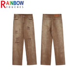 rainbowtouches men washed jeans vintage high street khaki gradient fashion trends jeans loose straight long pant casual pants stacked flare jeans