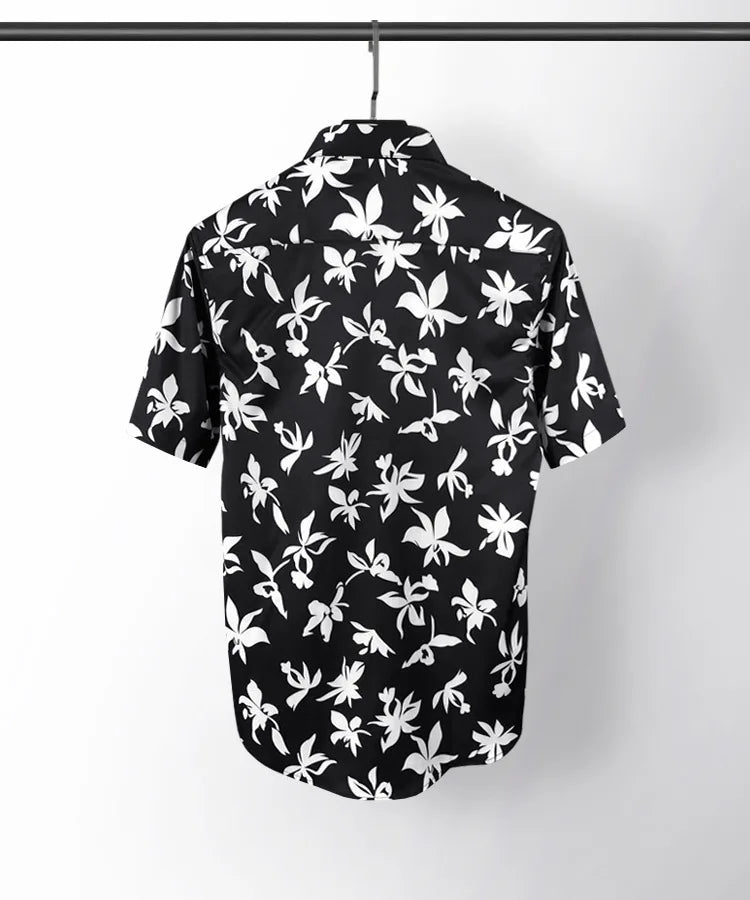 New 2021 luxury Men Classic Hibiscus Flowers Fashion 50% Silk Casual Shirts Shirt high quality Pocket Short sleeves #A48
