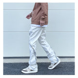 high street black white straight zipper becomes slightly flared denim jeans harajuku casual hip hop cashew flower jeans for men unique jeans style 4406