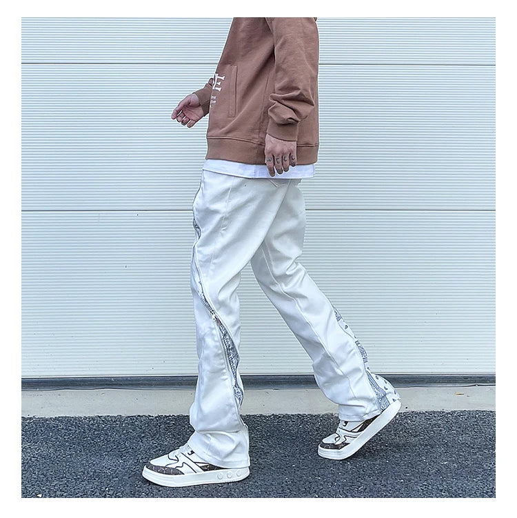 high street black white straight zipper becomes slightly flared denim jeans harajuku casual hip hop cashew flower jeans for men unique jeans style 4406