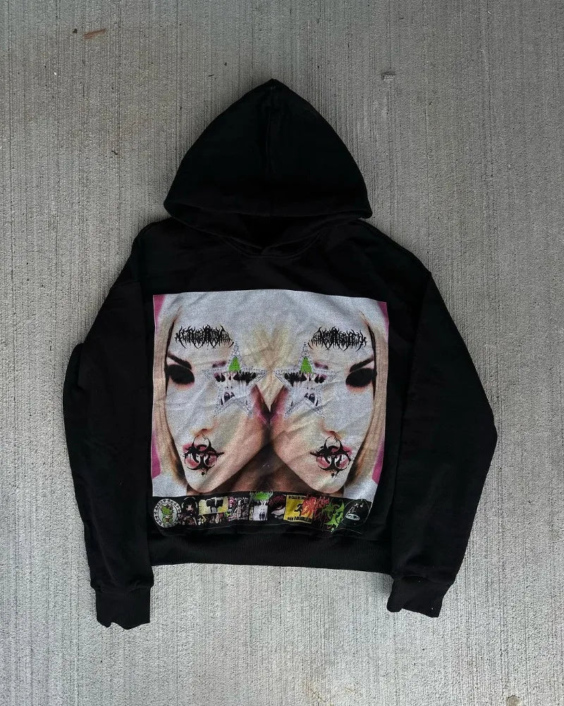 Y2K American Street Fashion Anime Letter Graffiti Print Oversized Hood