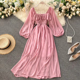 Chic Elegant Square Collar Maxi Dress Women Solid Chiffon Puff Sleeve Dresses 2023 Korean Fashion Vintage Ruffle Vestidos