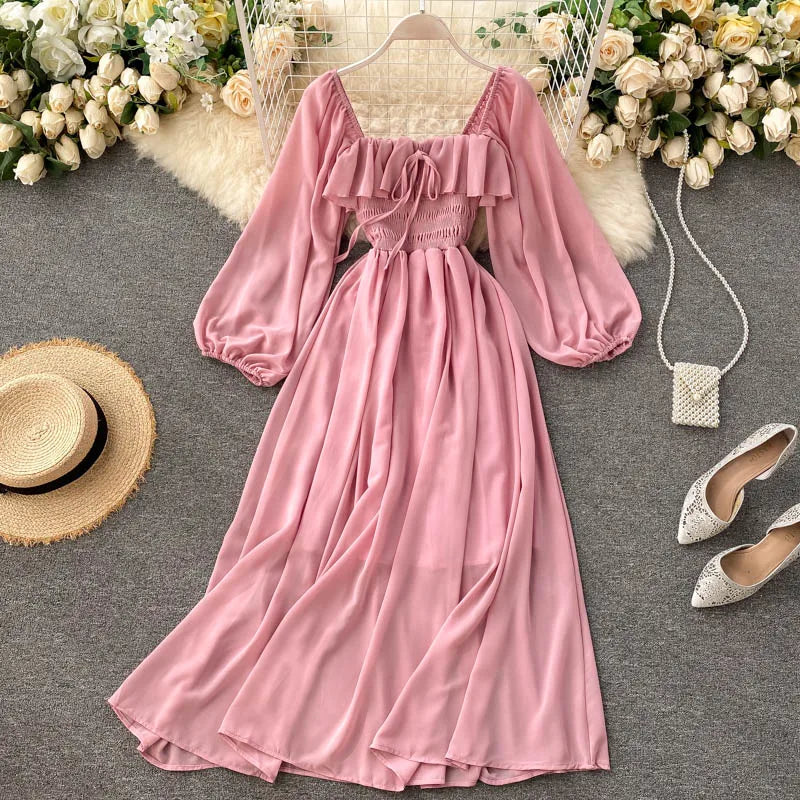 Chic Elegant Square Collar Maxi Dress Women Solid Chiffon Puff Sleeve Dresses 2023 Korean Fashion Vintage Ruffle Vestidos