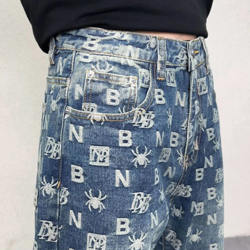 men jacquard streetwear hip hop vibe casual straight denim jeans pants boyfriend high street ripped jeans trousers unique jeans style 3104
