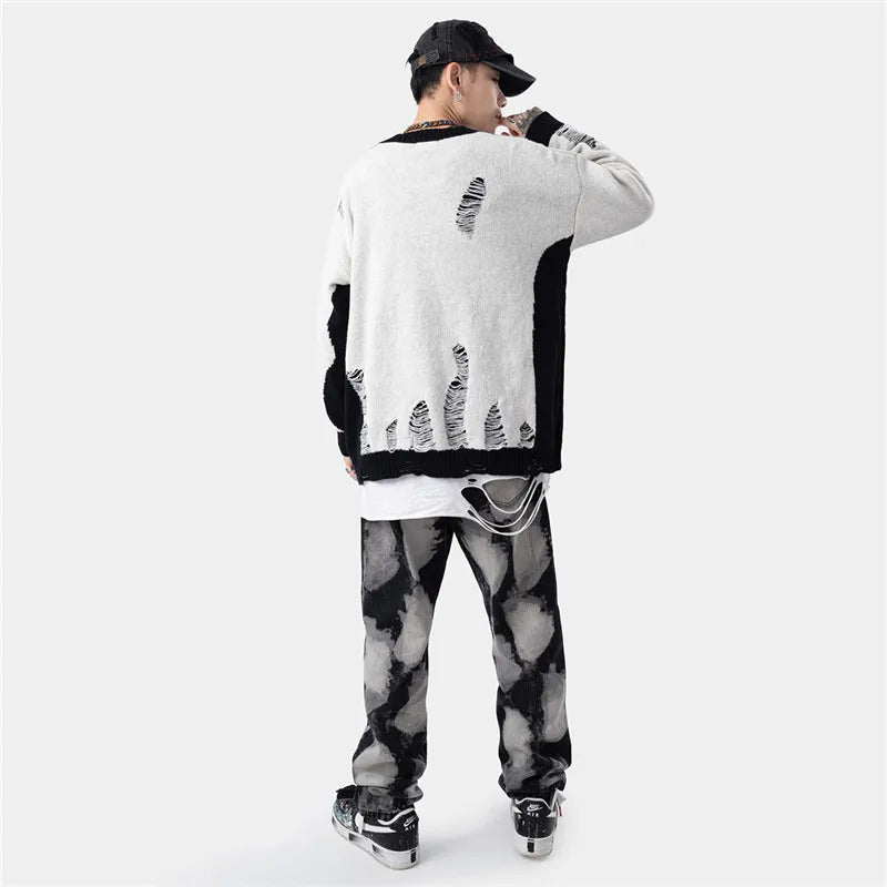 hip hop streetwear knitted sweater sweater 2022 mens harajuku ripped holes new casual v neck tops cotton loose pullover sweaters - high quality cotton hoodie, vintage look oversized hoodie, oversized streetwear hoodie