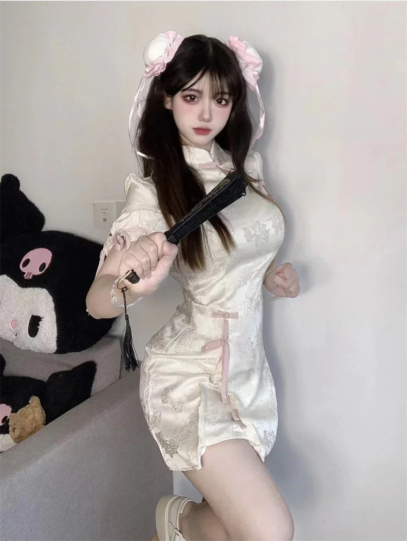 Vintage Chinese Style Cheongsam High Split Mini Dress 2024 Tie Dye Gothic Women Aesthetic Bandage Dresses Y2k Sexy Bodycon Robe