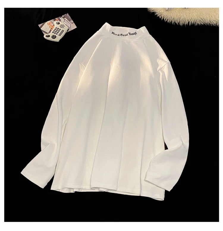 Autumn Winter Warm Classic Long Sleeve Bottoming Shirt Gothic Style Embroidery Half-high Neck Tops Loose T-shirt