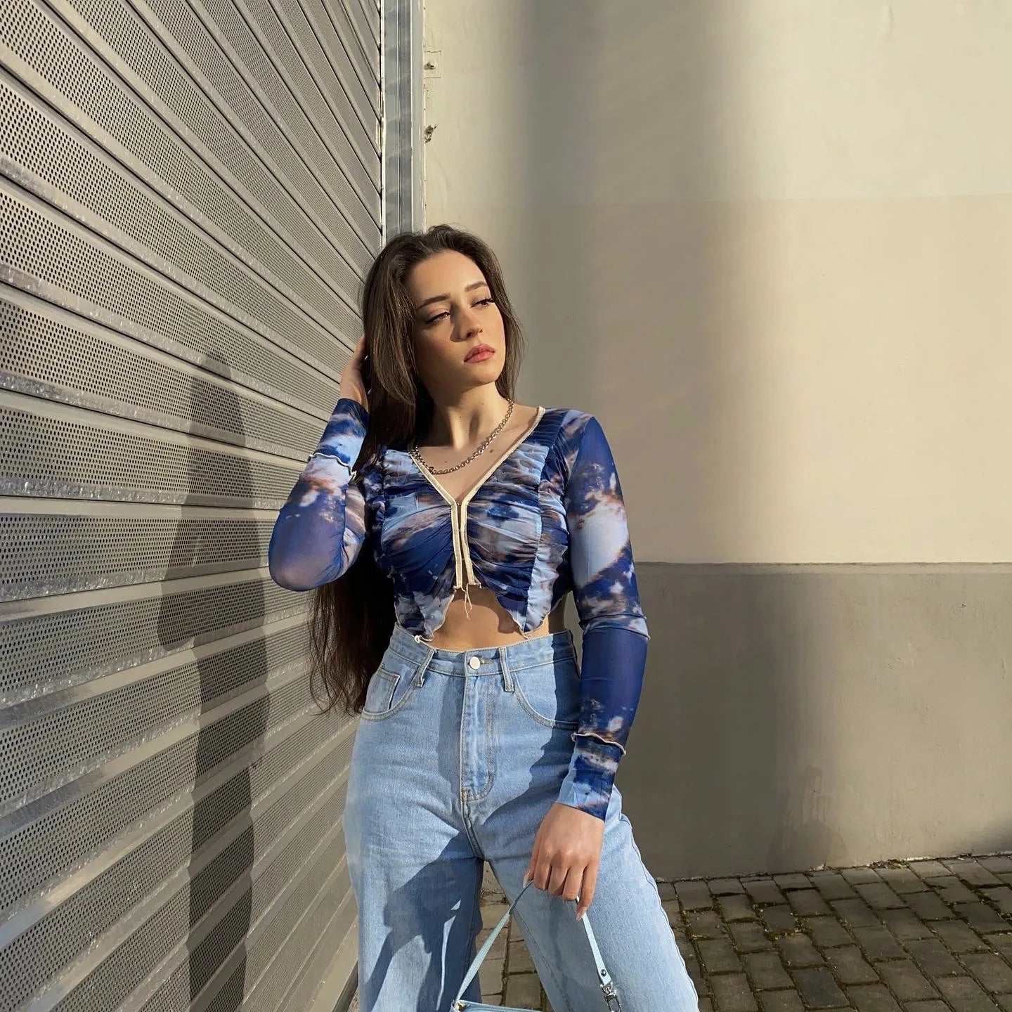Spring Aesthetic Vintage Blue Tie Dye Elastic Slim Sexy Crop Tops Long Sleeve Hollow V-neck Woman Tshirts Streetwear Hot Girl