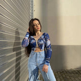 Spring Aesthetic Vintage Blue Tie Dye Elastic Slim Sexy Crop Tops Long Sleeve Hollow V-neck Woman Tshirts Streetwear Hot Girl