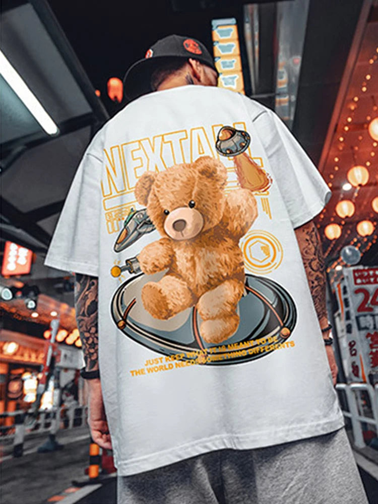 Skatercore Barcode glitch – Summer Men Hip Hop Bear T Shirt 2025 Cartoon Casual Short Sl