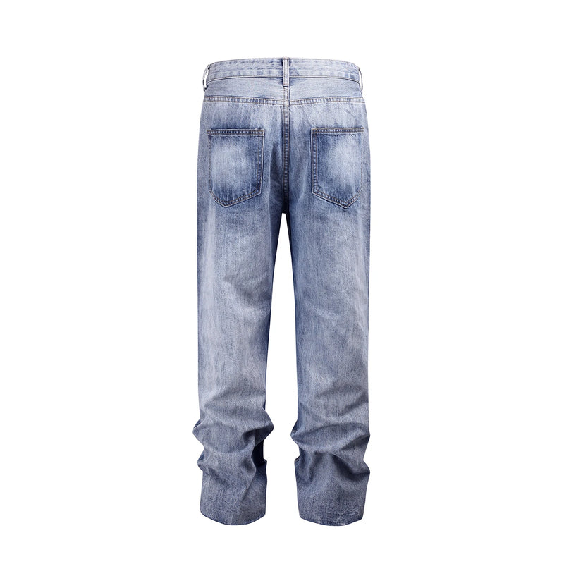 american vintage trendy deconstructed ruffled denim jeans mens flared distressed jeans pants high street straight jeans for male ripped baggy denim