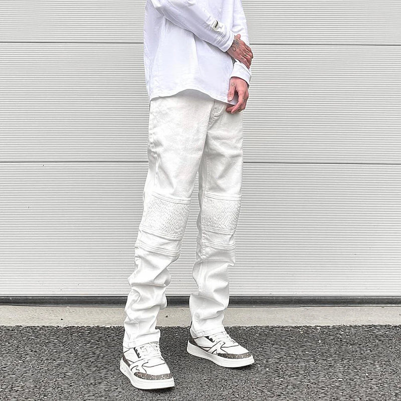 high street white knee pleated vertical stripe elastic fit skinny jeans male casual small leg jeans pants slim mens clothing denim street jeans
