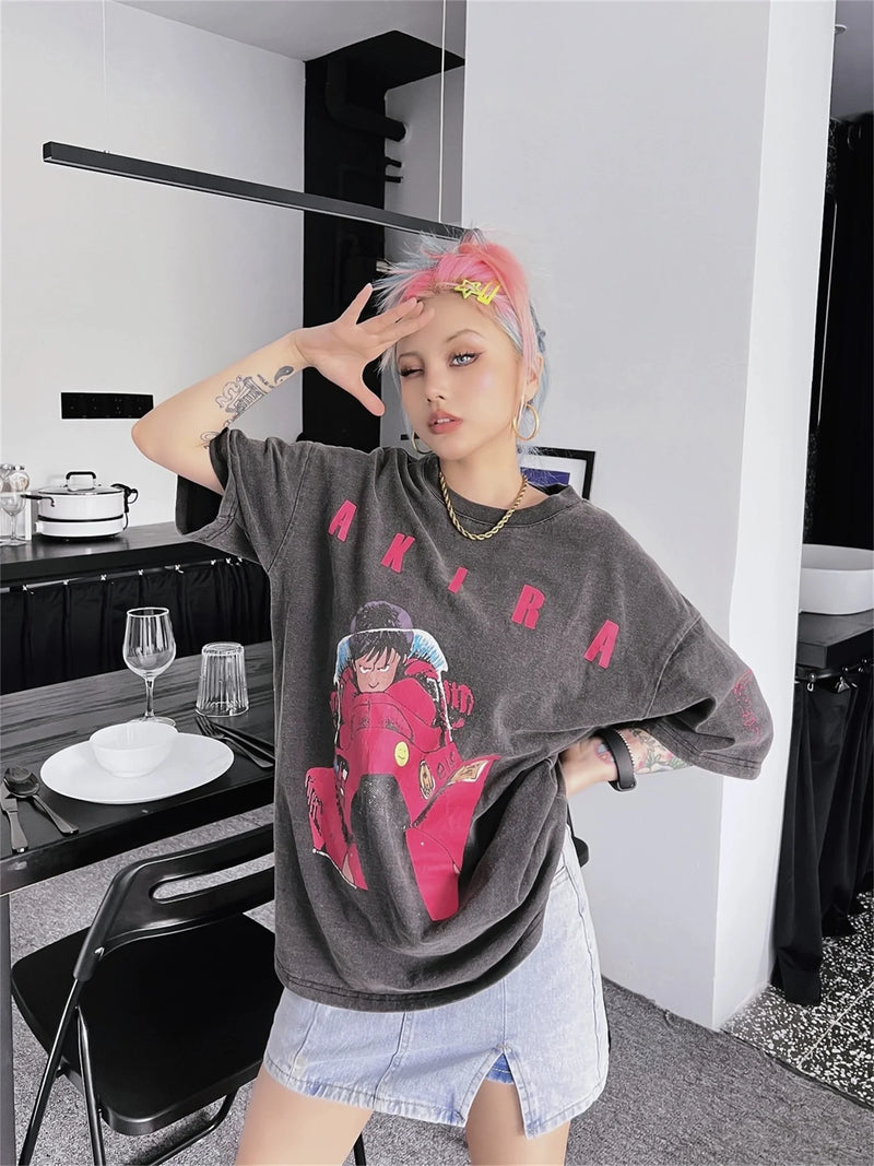 grunge graphic tee featuring 24ss summer vintage retro anime printing high street t shirt tops