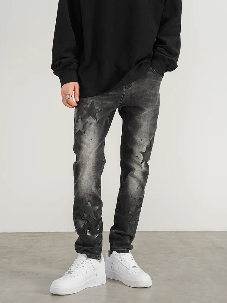 star appliques denim jeans skinny trousers slim fit men new casual biker jeans fashion streetwear hip hop trousers pants joggers casual joggers