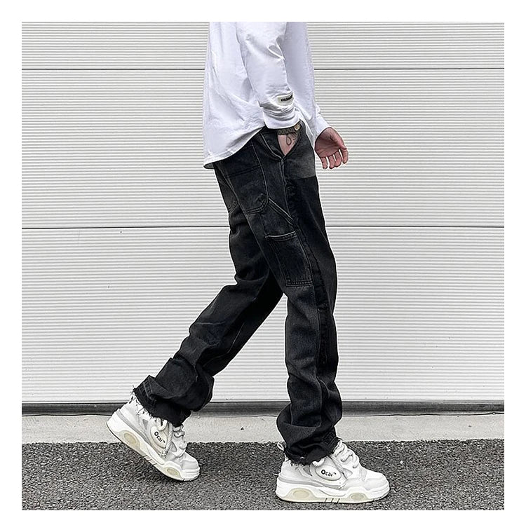 patchwork design denim flare jeans pants men casual zipper straight biker trousers jeans fashion streetwear hip hop jean joggers unique joggers style 2599