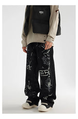 fashion graffiti printed denim jeans men unisex casual zipper wide legs straight jeans streetwear hip hop baggy pants joggers unique joggers style 5096