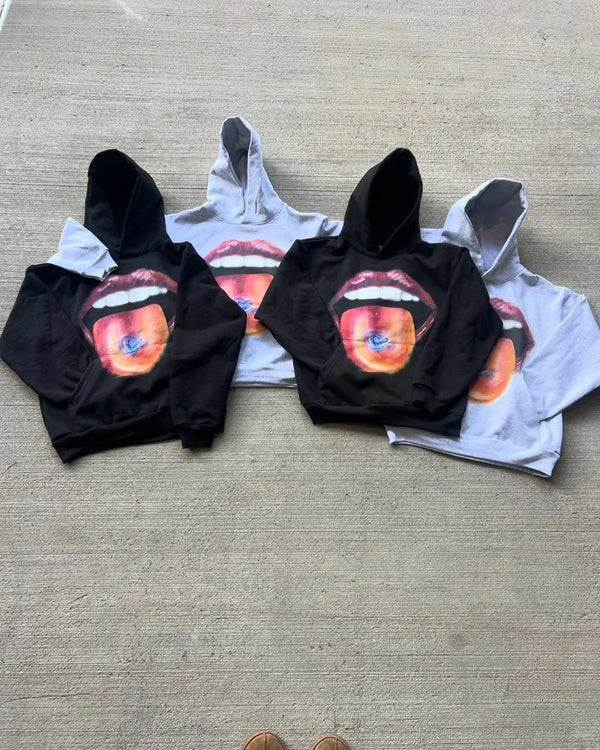 High Street Trendy Brand Big Mouth Cartoon Print Oversized Hoodie Wome