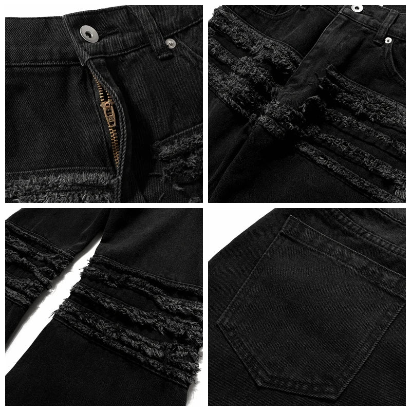 y2k streetwear trendy oversized micro flare jeans black ro hip hop washed tassel distressed denim jean raw edge mens wide pants unique jeans style 744
