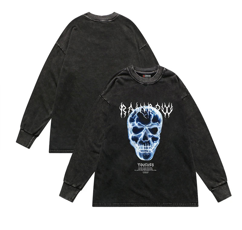 Cyberpunk Graphic Tee – Rainbowtouches Washed T Shirt Long Sleeve Vintage – Modern Streetwear for Everyone