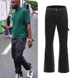 high street retro spotted ink contrast color flared jeans pants male wide leg plus size patchwork ripped denim trousers vintage washed jeans