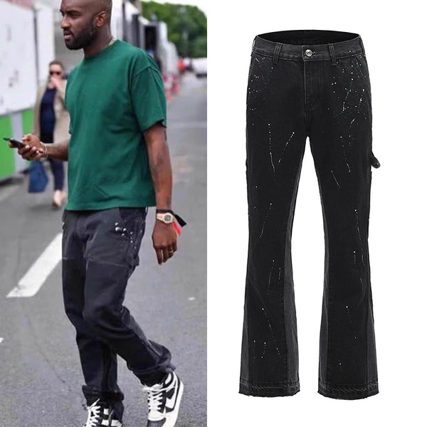 high street retro spotted ink contrast color flared jeans pants male wide leg plus size patchwork ripped denim trousers vintage washed jeans