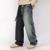 men streetwear fashion black blue splice hip hop loose casual wide leg straight baggy jeans pant cityboy jeans pants trousers vintage washed jeans