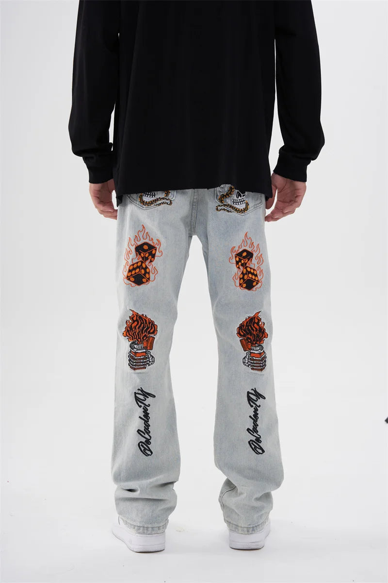 fashion back skull letters embroidery denim flare jeans mens zipper straight trouser hip hop streetwear pants joggers jeans men unique joggers style 628