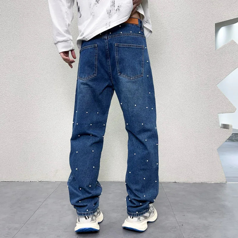men bead streetwear fashion hip hop vibe loose casual wide leg straight denim jeans baggy pant man boyfriend jeans trousers urban skinny jeans