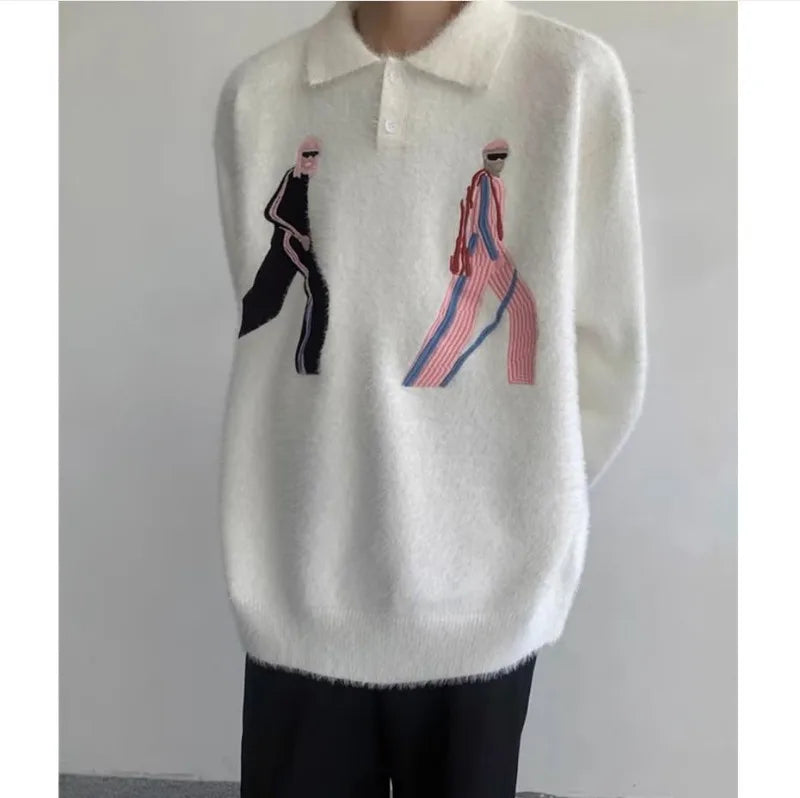 varsity flame knitwear, statement sweater, cozy knitwear for men, oversized grunge aesthetic winter top