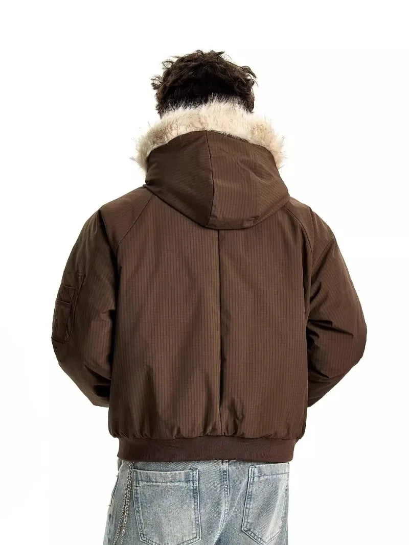 Winter American Street Hooded Parkas Mens New 2024 Thickened Trendy Fur Collar Cotton Jackets Warm Zipper Pocket Fluffy Coats