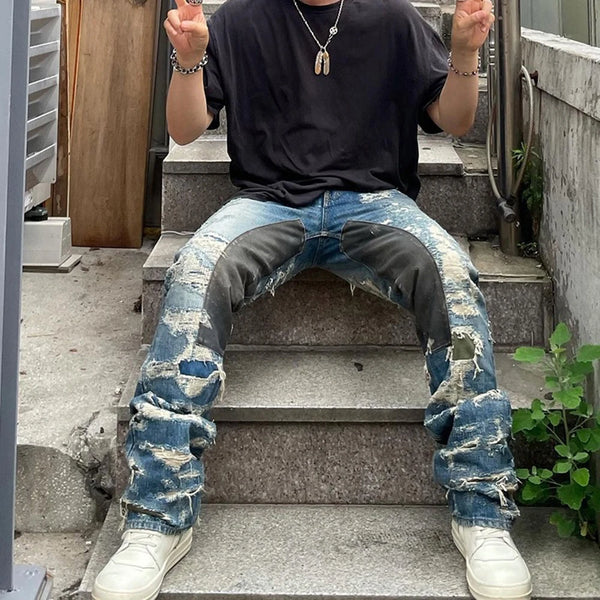 harajuku distressed hole tie dye color match patchwork jeans for men straight baggy casual pencil pants oversized y2k cargos baggy cargo bottoms