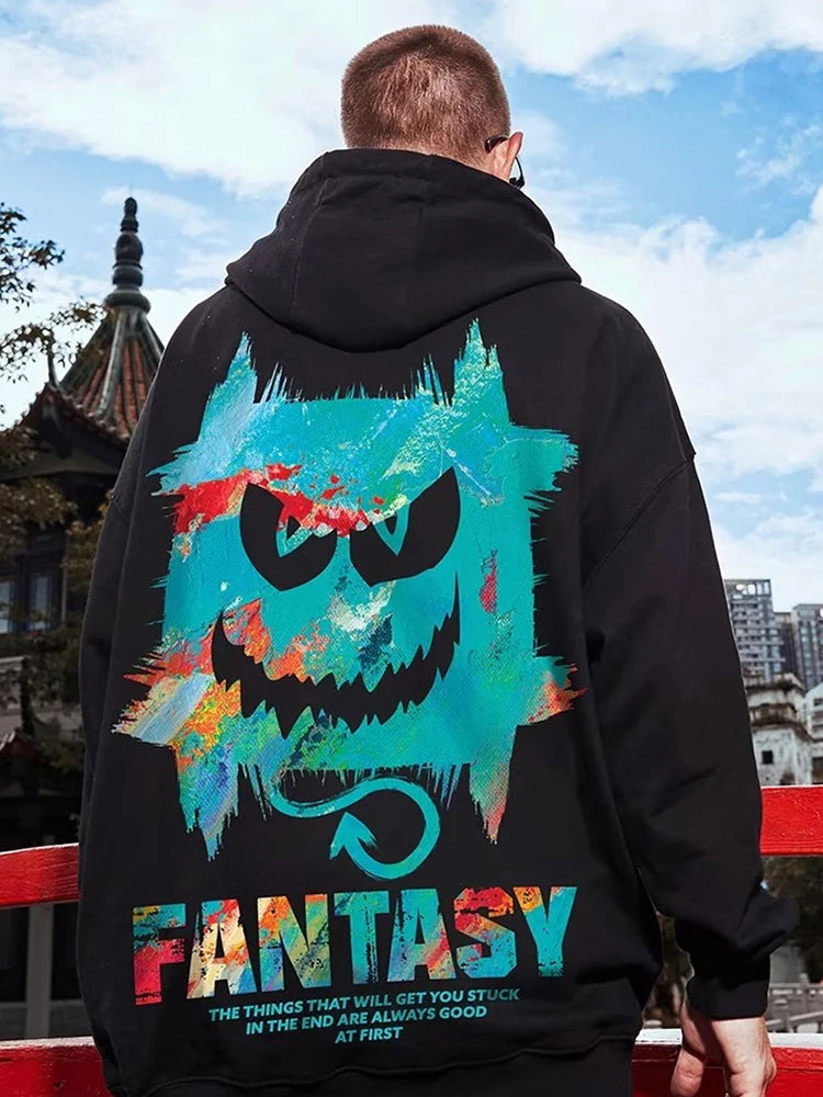 Harajuku Devil Graffiti Print Oversized Hoodies For Men Autumn Hooded