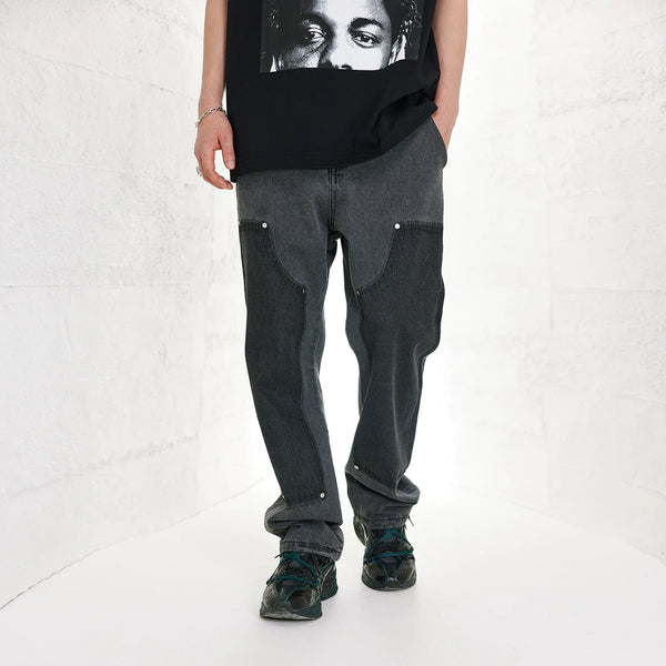 original streetwear color contrast patchwork jeans vintage distress straight leg pants mens loose fitting casual jeans pants vintage washed jeans