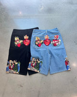 harajuku retro cartoon print oversized wide leg pants gothic washed distressed jeans men y2k fashion casual denim shorts women stacked flare jeans