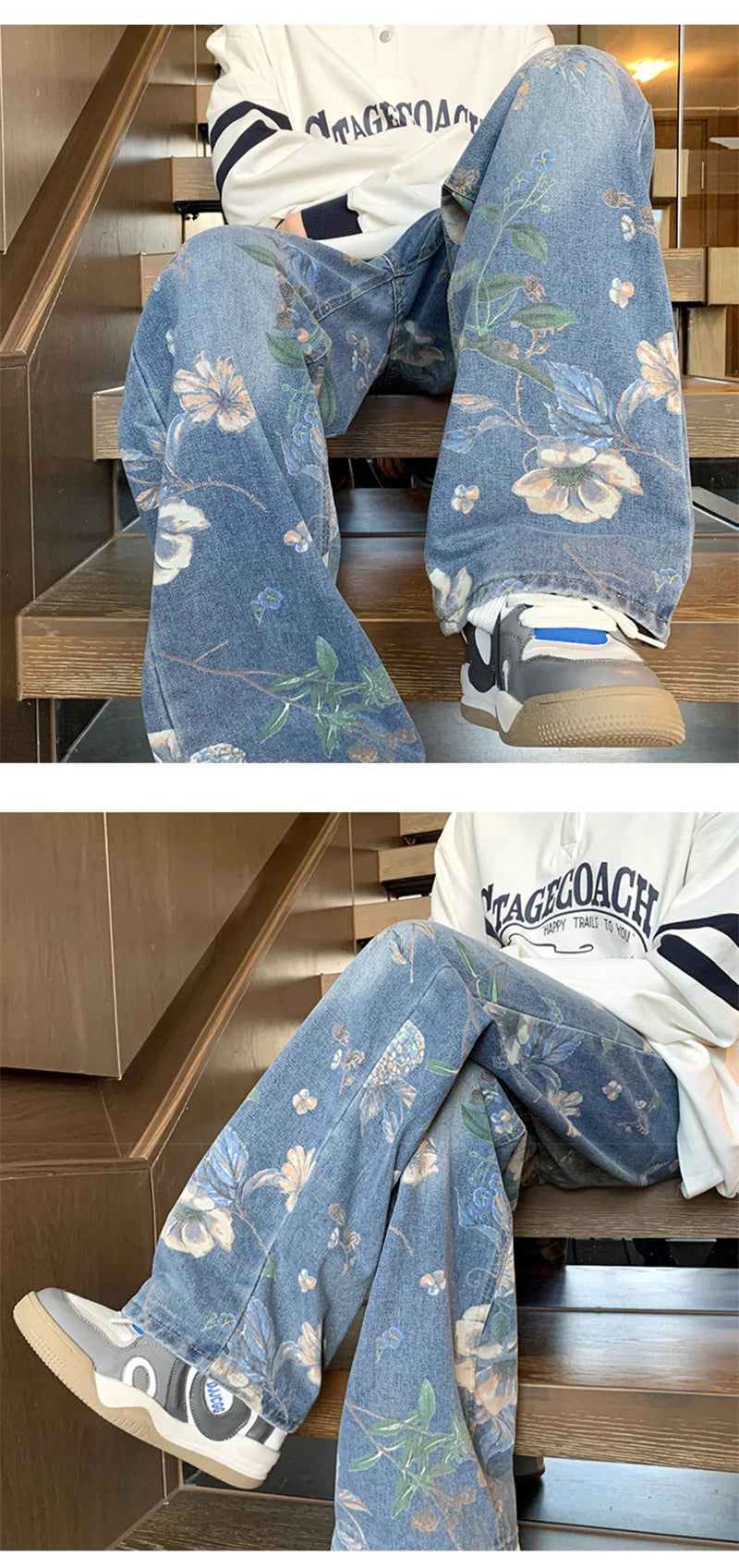 american high street floral printed jeans for men 2024 new y2k vintage denim trousers hip hop fashion wide leg baggy jean pants unique jeans style 427