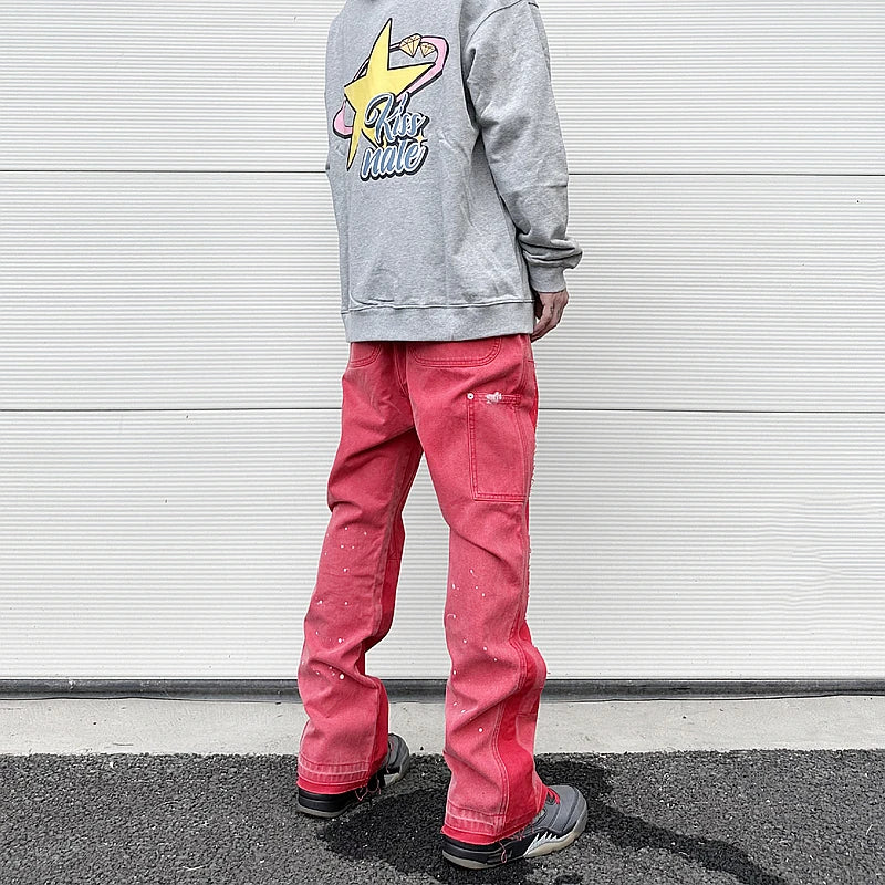 color washed denim mens jeans pants fashion graffiti patchwork loose biker red jeans streetwear hip hop casual straight pants unique jeans style 5174