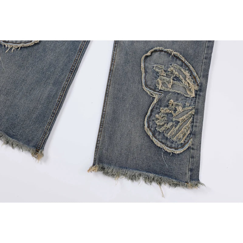 butterfly patches embroidered washed straight vintage baggy fitting jeans for men high street distressed jeans pants women denim street jeans