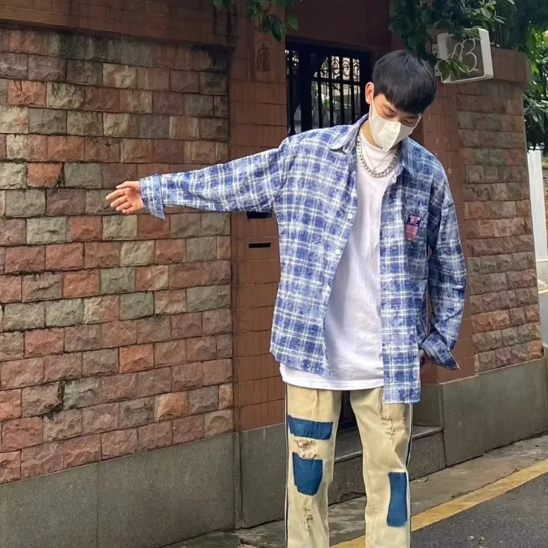 spring street fashion set mens blue plaid printed shirt color blocking trendy jeans 2 pcs set retro college suit male new denim street jeans