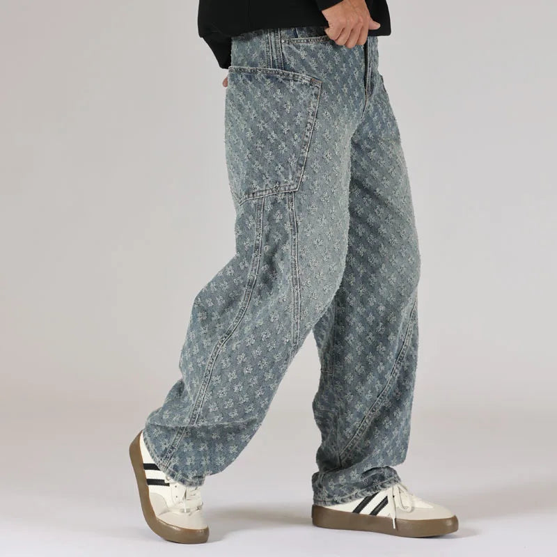 men brand fashion loose casual splice pocket jacquard vintage wide leg baggy jeans cityboy denim baggy jeans pants trousers urban skinny jeans