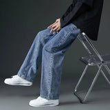 korean mens casual long jeans loose retro straight baggy pants denim wide leg pants light blue grey black retro washed jeans stacked flare jeans