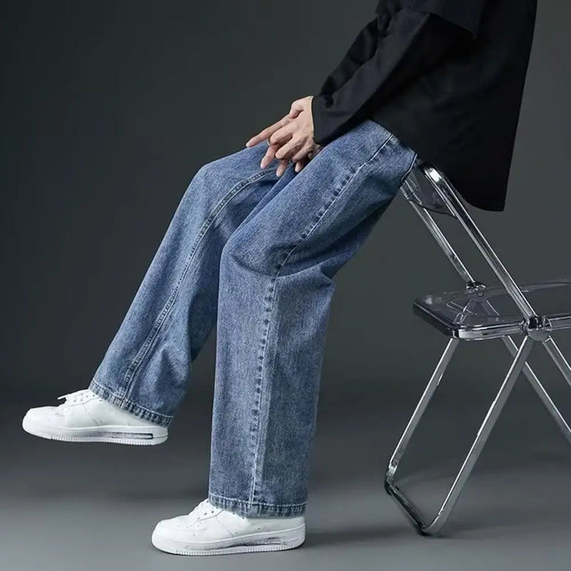 korean mens casual long jeans loose retro straight baggy pants denim wide leg pants light blue grey black retro washed jeans stacked flare jeans