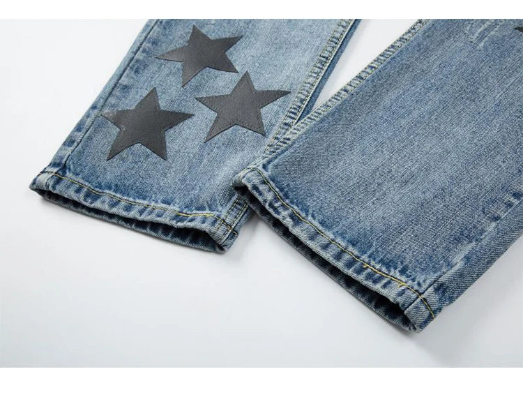 fashion ripped destroied jeans trousers distressed biker jeans with stars high street slim pants joggers denim jeans for men unique joggers style 3268