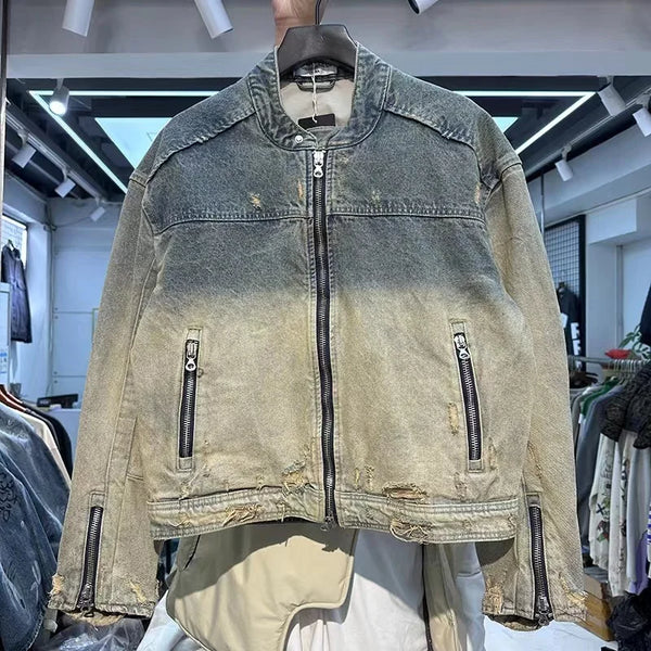 graphic outerwear featuring collarless wash denim motorcycle jacket design – premium quality jacket for men