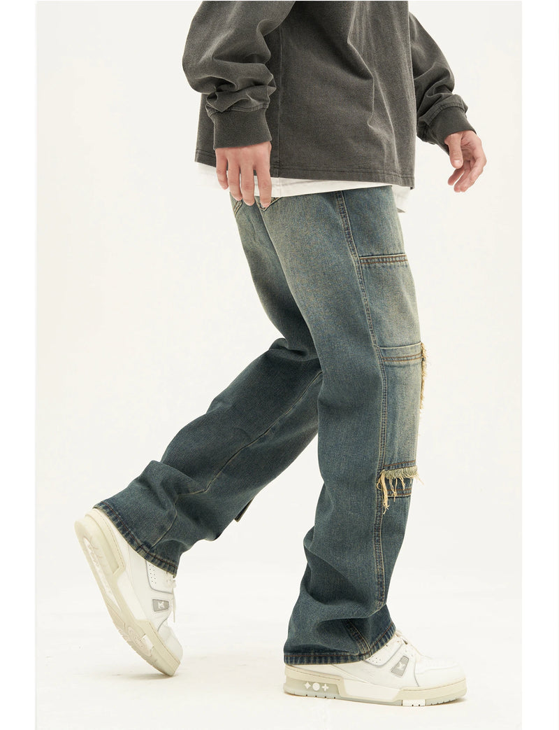 retro washed denim jeans destroyed ripped loose mens biker jeans side pocket fashion streetwear hip hop straight pants joggers unique joggers style 2211