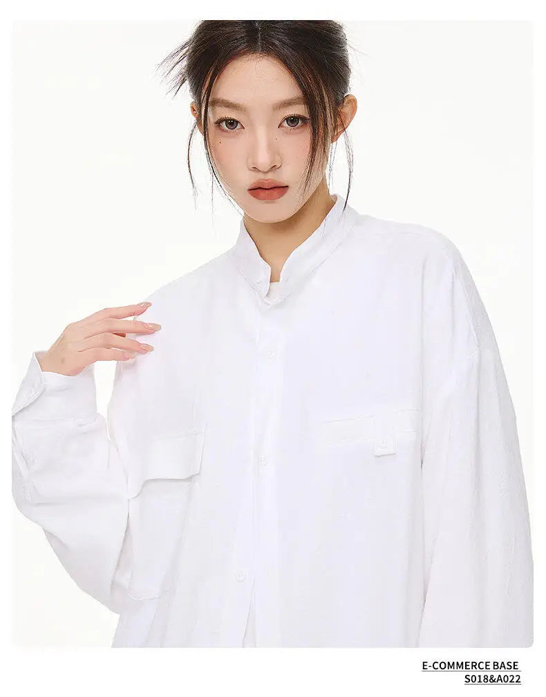 Men Loose Casual Streetwear Fashion Stand Collar Long Sleeve Black White Oversize Shirt Couple Plus Size Shirts Blouses