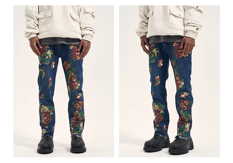 graffiti floral printed denim jean mens new casual zipper biker jeans fashion high street slim fit pants joggers hip hop jeans unique joggers style 1570