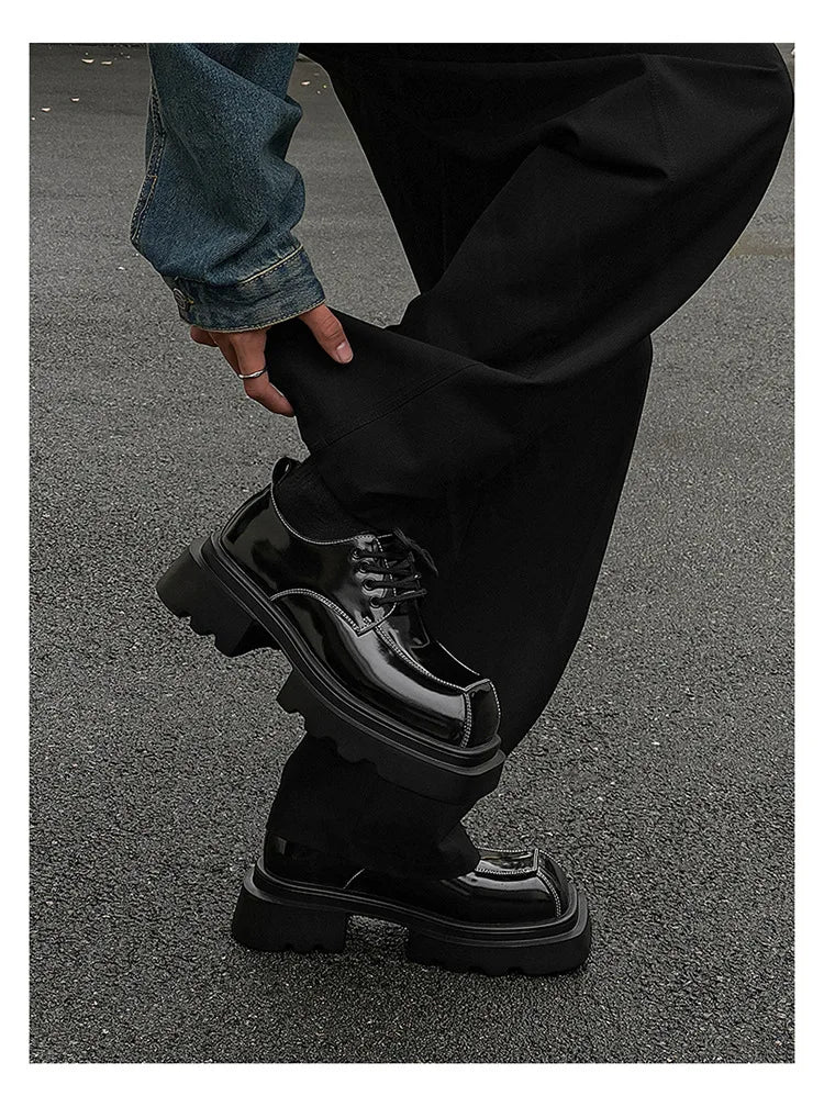 Men Streetwear Dark Black Fashion Thick Sole Platform PU Leather Casual Luxury High Street Increase Square Derby Shoes Man
