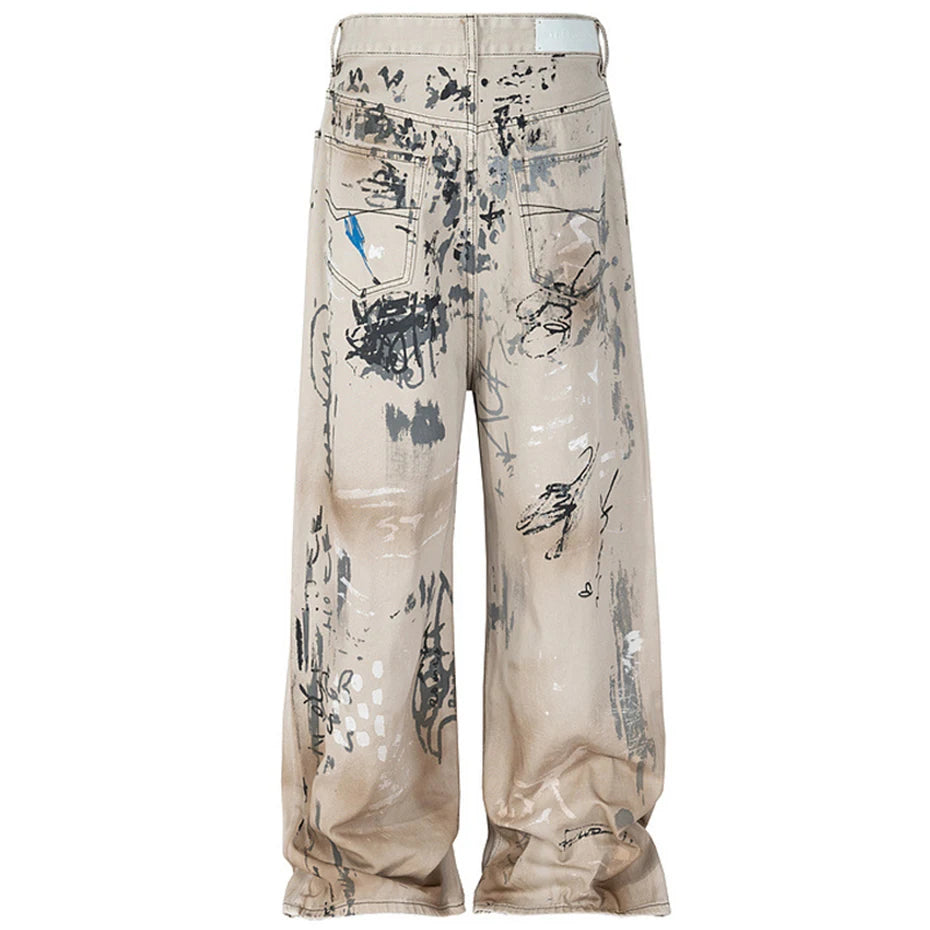 men hip hop baggy jeans graffiti printed loose straight denim pants dirty washed streetwear fashion jeans trousers white unique jeans style 572